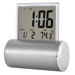 Часы электронные с будильником, календарем и термометром; 11х2,5х11 см; пластик