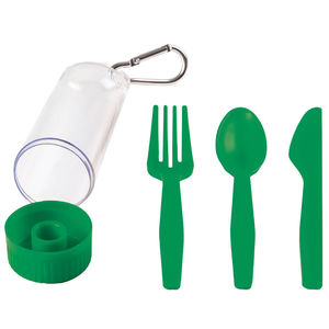 Набор "Pocket":ложка,вилка,нож в футляре с карабином, зеленый, 4,2х15см,пластик